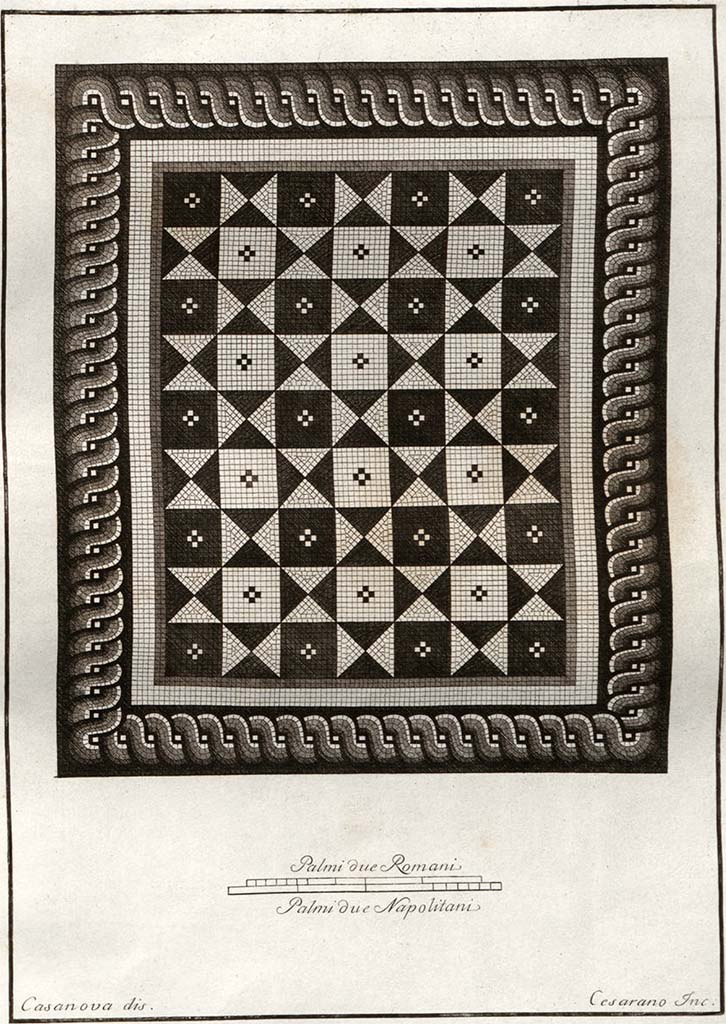 No.1 - Reggia di Portici, pre 1796. Detail of mosaic flooring in Royal Apartments, possibly from Villa of Papyri.
See Gli ornati delle pareti ed i pavimenti delle stanze dell'antica Pompei incisi in rame: 1838, p. 118/124, and Gli Ornati pt.1.1796.
According to Cooke, Cockburn, and Donaldson – This mosaic may have come from the Villa of Diomedes at Pompeii.
See Cooke, Cockburn, and Donaldson, 1827. Pompeii Illustrated: Vol. 2. London: Cooke, pl. 52.